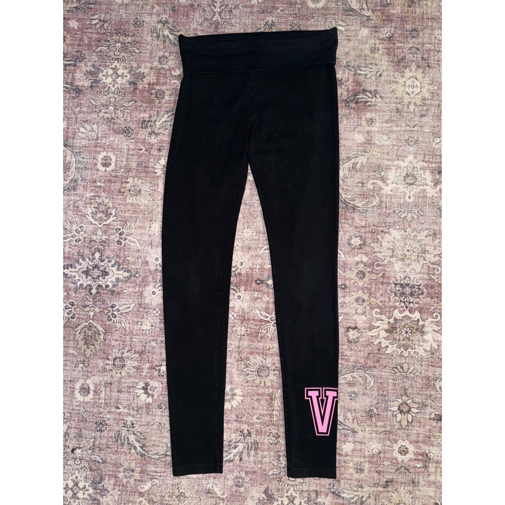 Victoria's Secret Black Foldover Waistband Leggings Pink VS Logo Medium